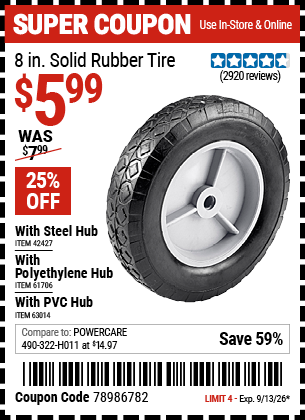 www.hfqpdb.com - HAUL-MASTER 8 IN. SOLID RUBBER TIRE WITH HUB Lot No. 42427/61706/63014