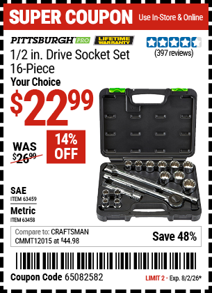 www.hfqpdb.com - PITTSBURGH PRO 1/2 IN. DRIVE SOCKET SET, 16-PIECE Lot No. 63458/63459