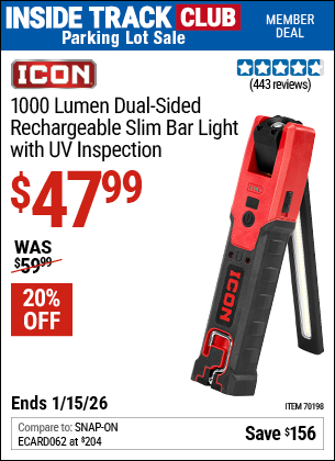 Harbor Freight ICON 1000 LUMEN DUAL-SIDED RECHARGEABLE SLIM BAR LIGHT WITH UV INSPECTION coupon