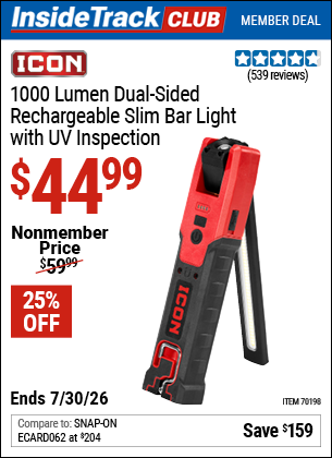 Harbor Freight ICON 1000 LUMEN DUAL-SIDED RECHARGEABLE SLIM BAR LIGHT WITH UV INSPECTION coupon