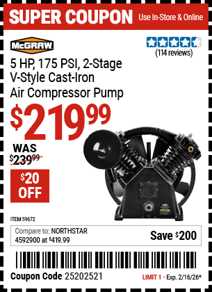 Harbor Freight MCGRAW 5 HP, 175 PSI, 2-STAGE V-STYLE CAST-IRON AIR COMPRESSOR PUMP coupon