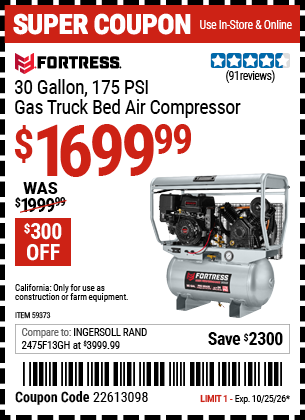 www.hfqpdb.com - FORTRESS 30 GALLON, 175 PSI HIGH PERFORMANCE GAS TRUCK BED JOBSITE AIR COMPRESSOR Lot No. 59373