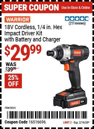 Harbor Freight WARRIOR 18V CORDLESS, 1/4 IN. HEX IMPACT DRIVER KIT WITH BATTERY AND CHARGER coupon