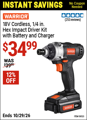 www.hfqpdb.com - WARRIOR 18V CORDLESS, 1/4 IN. HEX IMPACT DRIVER KIT WITH BATTERY AND CHARGER Lot No. 58523
