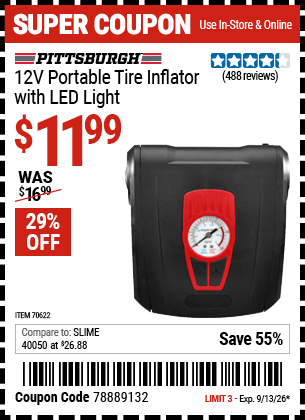 www.hfqpdb.com - PITTSBURGH 12V PORTABLE TIRE INFLATOR WITH LED LIGHT Lot No. 70622