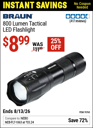 www.hfqpdb.com - BRAUN 800 LUMEN TACTICAL LED FLASHLIGHT Lot No. 70765