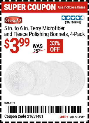 www.hfqpdb.com - GRANT'S 5 IN. TO 6 IN. TERRY MICROFIBER AND FLEECE POLISHING BONNETS, 4-PACK Lot No. 70774