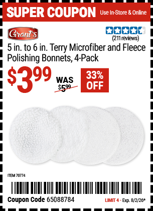 www.hfqpdb.com - GRANT'S 5 IN. TO 6 IN. TERRY MICROFIBER AND FLEECE POLISHING BONNETS, 4-PACK Lot No. 70774