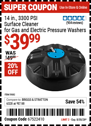 Harbor Freight 14 IN., 3300 PSI SURFACE CLEANER FOR GAS AND ELECTRIC PRESSURE WASHERS coupon