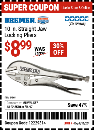 www.hfqpdb.com - BREMEN 10 IN. STRAIGHT JAW LOCKING PLIERS Lot No. 64565