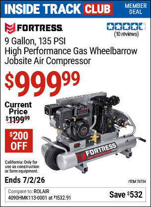 www.hfqpdb.com - FORTRESS 9 GALLON, 135 PSI HIGH PERFORMANCE GAS WHEELBARROW JOBSITE AIR COMPRESSOR Lot No. 70734