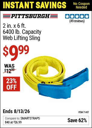 www.hfqpdb.com - PITTSBURGH 2 IN. X 6 FT., 6400 LB. CAPACITY WEB LIFTING SLING, YELLOW Lot No. 71457
