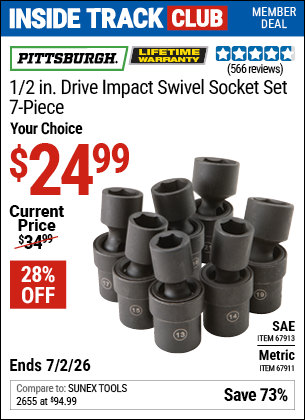www.hfqpdb.com - PITTSBURGH 1/2 IN. DRIVE IMPACT SWIVEL SOCKET SET, 7-PIECE Lot No. 67911/67913