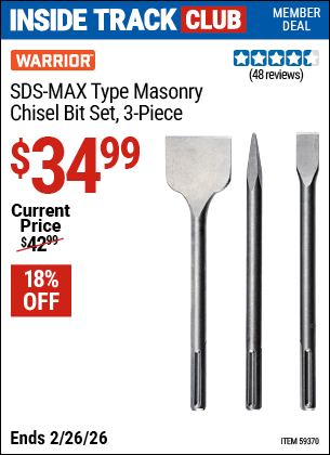 Harbor Freight WARRIOR SDS-MAX TYPE MASONRY CHISEL BIT SET, 3-PIECE coupon
