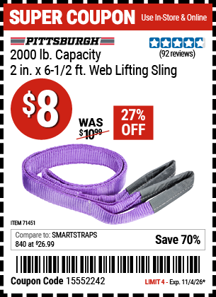 www.hfqpdb.com - PITTSBURGH 2 IN. X 6-1/2 FT., 2000 LB. CAPACITY WEB LIFTING SLING, PURPLE Lot No. 71451