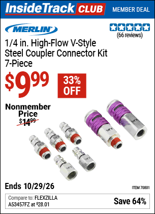 Harbor Freight MERLIN 1/4 IN. HIGH-FLOW V-STYLE STEEL COUPLER CONNECTOR KIT, 7-PIECE coupon