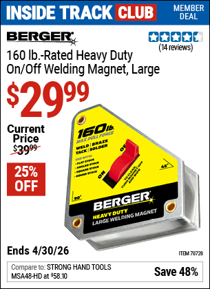Harbor Freight BERGER 160 LB. RATED HEAVY DUTY ON/OFF WELDING MAGNET, LARGE coupon