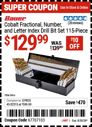 Harbor Freight BAUER COBALT FRACTIONAL, NUMBER, AND LETTER INDEX DRILL BIT SET, 115-PIECE coupon