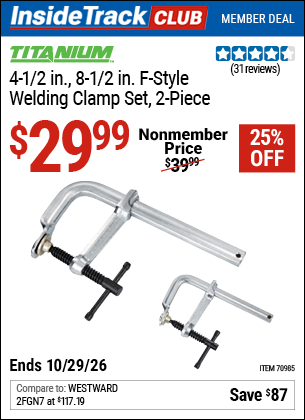 Harbor Freight TITANIUM 4-1/2 IN., 8-1/2 IN. F-STYLE WELDING CLAMP SET, 2-PIECE coupon