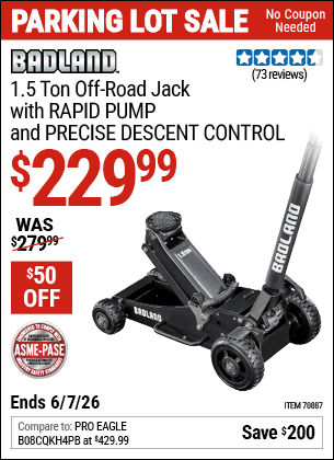 Harbor Freight BADLAND 1.5 TON OFF-ROAD JACK WITH RAPID PUMP AND PRECISE DESCENT CONTROL coupon