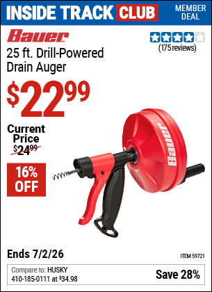 www.hfqpdb.com - BAUER 25 FT. DRILL-POWERED DRAIN AUGER Lot No. 59721