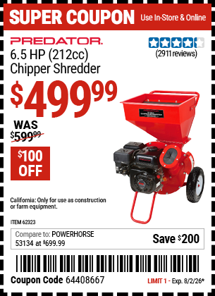 www.hfqpdb.com - PREDATOR 6.5 HP (212CC) CHIPPER SHREDDER Lot No. 62323