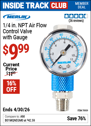Harbor Freight MERLIN 1/4 IN. NPT AIR FLOW CONTROL VALVE WITH GAUGE coupon