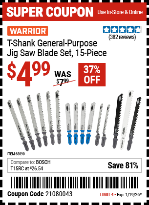 www.hfqpdb.com - WARRIOR T-SHANK GENERAL-PURPOSE JIG SAW BLADE SET, 15-PIECE Lot No. 68090