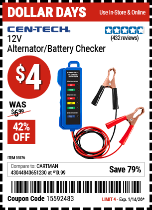 www.hfqpdb.com - CEN-TECH 12V ALTERNATOR/BATTERY CHECKER Lot No. 59376
