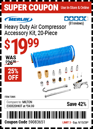 www.hfqpdb.com - MERLIN HEAVY DUTY AIR COMPRESSOR ACCESSORY KIT, 20-PIECE Lot No. 72805
