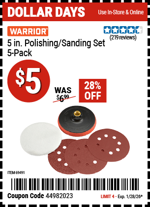 www.hfqpdb.com - WARRIOR 5 IN. POLISHING/SANDING SET, 5-PACK Lot No. 69491