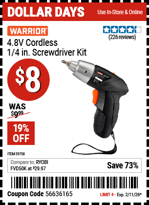 Harbor Freight WARRIOR 4.8V CORDLESS, 1/4 IN. SCREWDRIVER KIT coupon