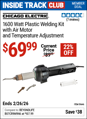 Harbor Freight CHICAGO ELECTRIC WELDING 1600 WATT PLASTIC WELDING KIT WITH AIR MOTOR AND TEMPERATURE ADJUSTMENT coupon