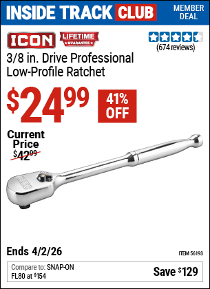 www.hfqpdb.com - ICON 3/8 IN. DRIVE PROFESSIONAL LOW-PROFILE RATCHET Lot No. 56193