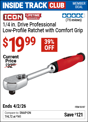 www.hfqpdb.com - ICON 1/4 IN. DRIVE PROFESSIONAL LOW-PROFILE RATCHET WITH COMFORT GRIP Lot No. 56187