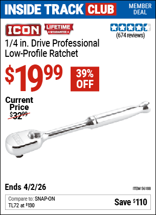 www.hfqpdb.com - ICON 1/4 IN. DRIVE PROFESSIONAL LOW-PROFILE RATCHET Lot No. 56188
