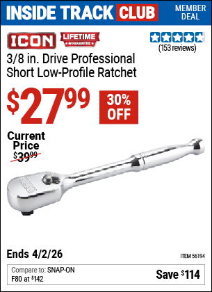 www.hfqpdb.com - ICON 3/8 IN. DRIVE PROFESSIONAL SHORT LOW-PROFILE RATCHET Lot No. 56194