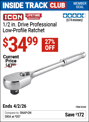 www.hfqpdb.com - ICON 1/2 IN. DRIVE PROFESSIONAL LOW-PROFILE RATCHET Lot No. 56340