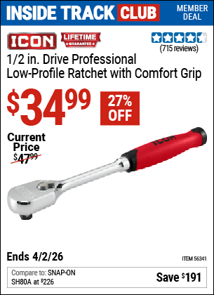 www.hfqpdb.com - ICON 1/2 IN. DRIVE PROFESSIONAL LOW-PROFILE RATCHET WITH COMFORT GRIP Lot No. 56341
