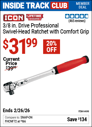 Harbor Freight ICON 3/8 IN. DRIVE PROFESSIONAL SWIVEL-HEAD RATCHET WITH COMFORT GRIP coupon