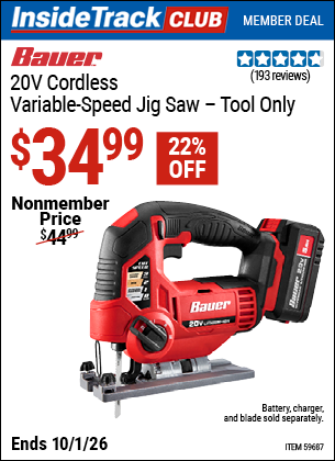 www.hfqpdb.com - BAUER 20V CORDLESS VARIABLE-SPEED JIG SAW &ndash; TOOL ONLY Lot No. 59687