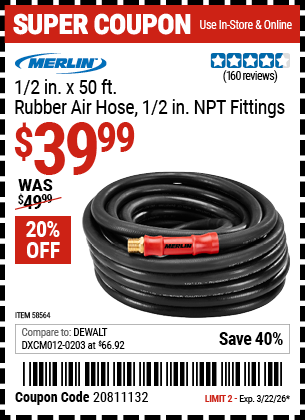 www.hfqpdb.com - MERLIN 1/2 IN. X 50 FT. RUBBER AIR HOSE, 1/2 IN. NPT FITTINGS Lot No. 58564