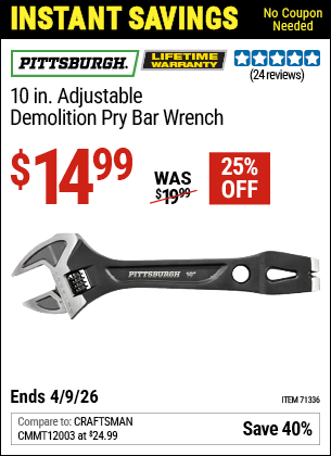 www.hfqpdb.com - PITTSBURGH 10 IN. ADJUSTABLE DEMOLITION PRY BAR WRENCH Lot No. 71336