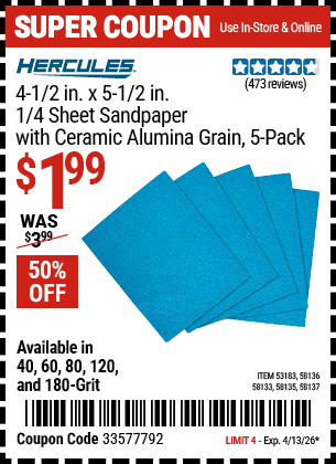 www.hfqpdb.com - HERCULES 4-1/2 IN. X 5-1/2 IN., 1/4 SHEET SANDPAPER WITH CERAMIC ALUMINA GRAIN, 5-PACK Lot No. 58133/58135/58136/58137/58138