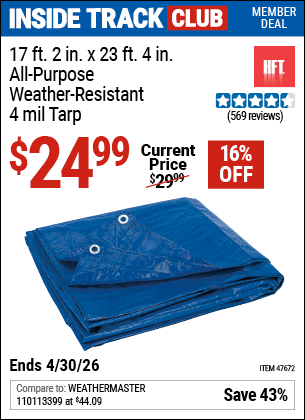 Harbor Freight HFT 17 FT. 2 IN. X 23 FT. 4 IN. BLUE ALL-PURPOSE WEATHER-RESISTANT 4 MIL TARP coupon
