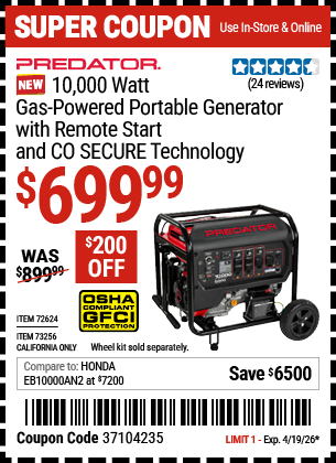 Harbor Freight PREDATOR 10,000 WATT GAS-POWERED PORTABLE GENERATOR WITH REMOTE START AND CO SECURE TECHNOLOGY coupon