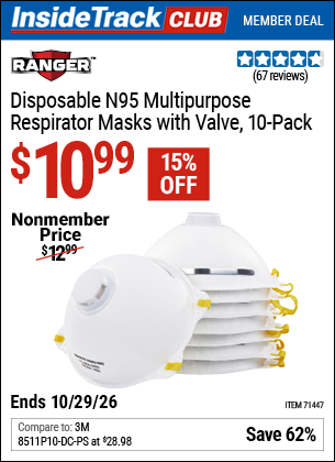 Harbor Freight RANGER DISPOSABLE N95 MULTIPURPOSE RESPIRATOR MASKS WITH VALVE, 10-PACK coupon