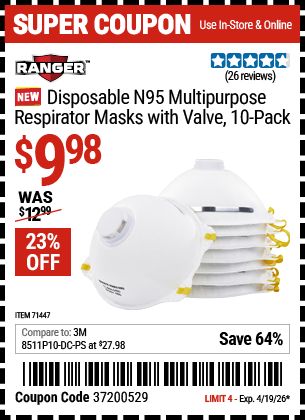 Harbor Freight RANGER DISPOSABLE N95 MULTIPURPOSE RESPIRATOR MASKS WITH VALVE, 10-PACK coupon