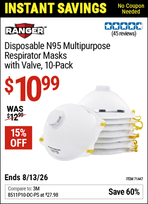 www.hfqpdb.com - RANGER DISPOSABLE N95 MULTIPURPOSE RESPIRATOR MASKS WITH VALVE, 10-PACK Lot No. 71447