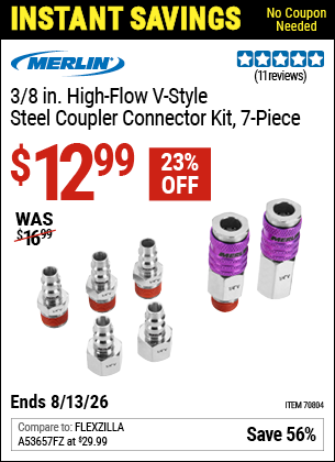 www.hfqpdb.com - MERLIN 3/8 IN. HIGH-FLOW V-STYLE STEEL COUPLER CONNECTOR KIT, 7-PIECE Lot No. 70804
